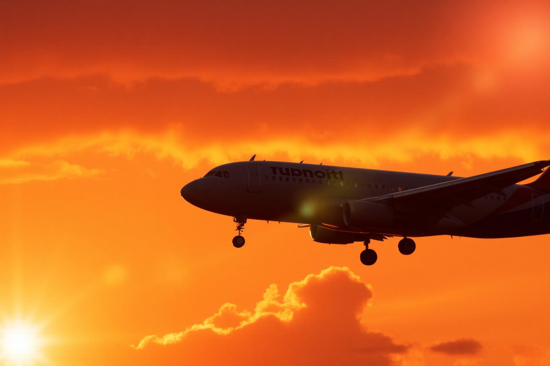 Avião decolando ao pôr do sol